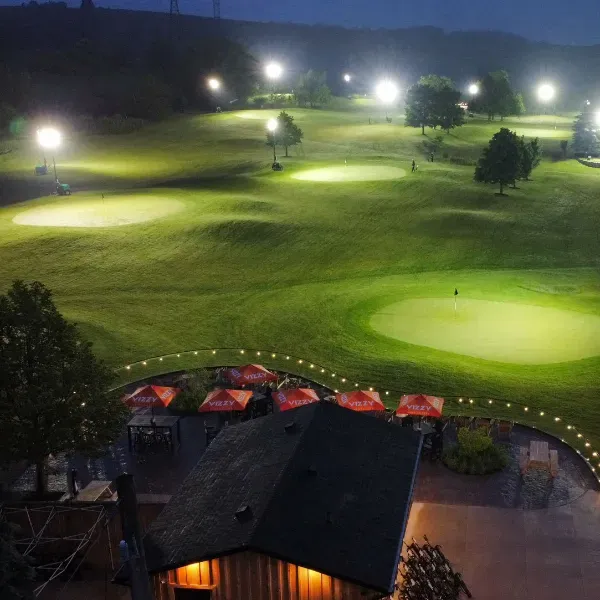 A drone view of The Badlands from above and behind the Worm Burner Pro Shop overlooking the course.
